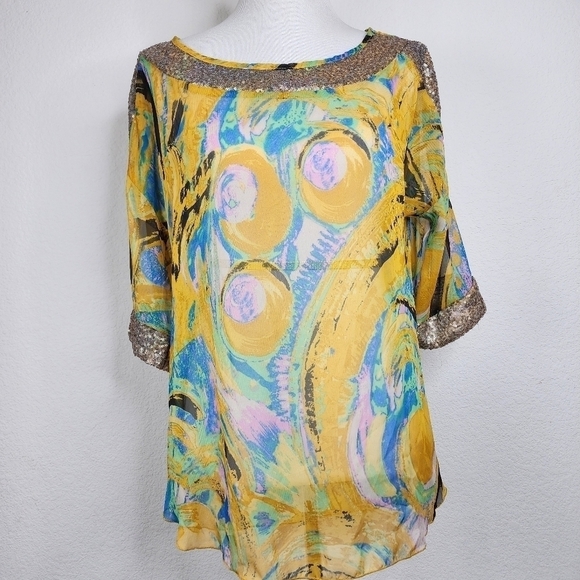 NEW YELLOW URBAN MANGOZ SIZE S, SEQUINS MULTICOLOR BLOUSE FALL SHEER AQUA - Picture 8 of 17
